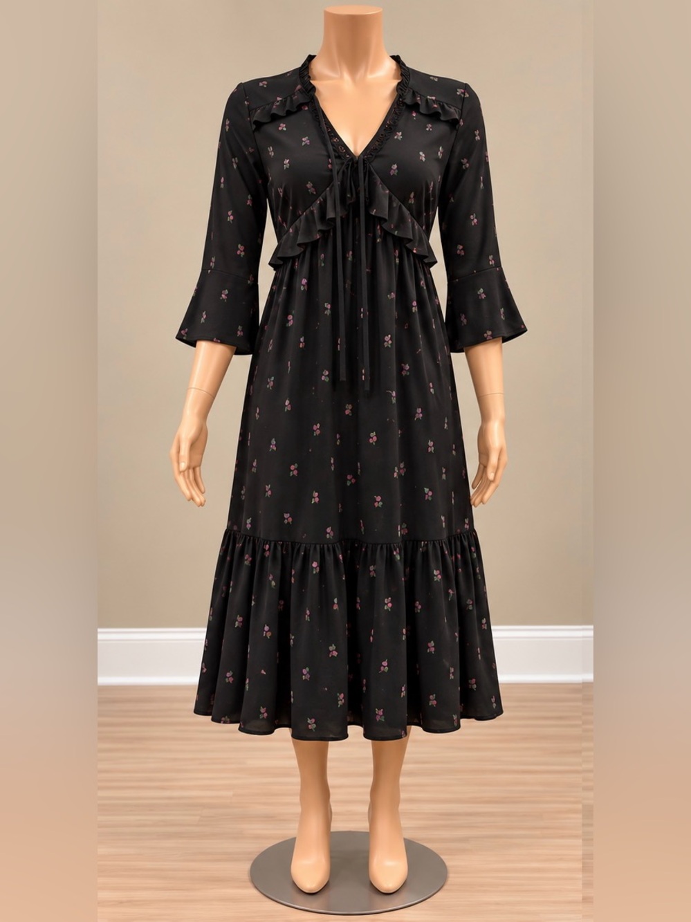 LOFT Black Tulip Print Ruffle Midi Dress Tie Neck Boho Peasant XS
